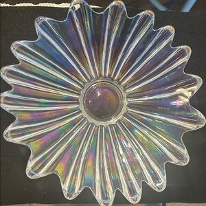 Beautiful iridescent glass bowl with scalloped edges